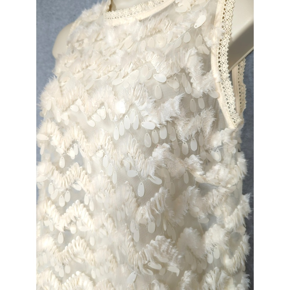 Anthropologie Blue Tassel Top Women XS Sheer Mesh Feathered Accents Ecru Sexy
